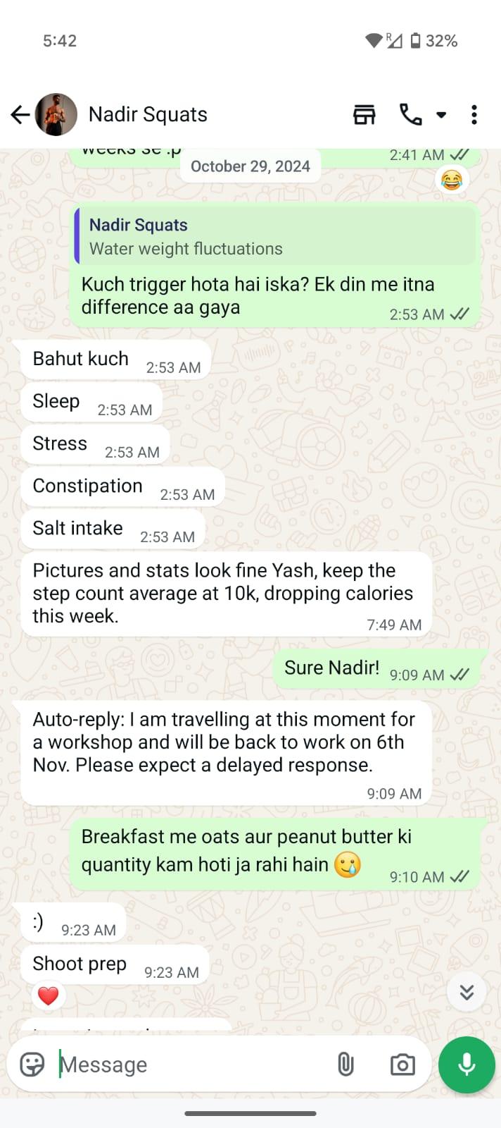 WhatsApp conversation with coach - accountability check-in